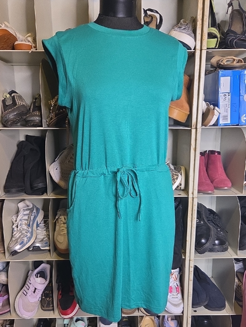 Sleeveless Teal Drawstring Casual Dress